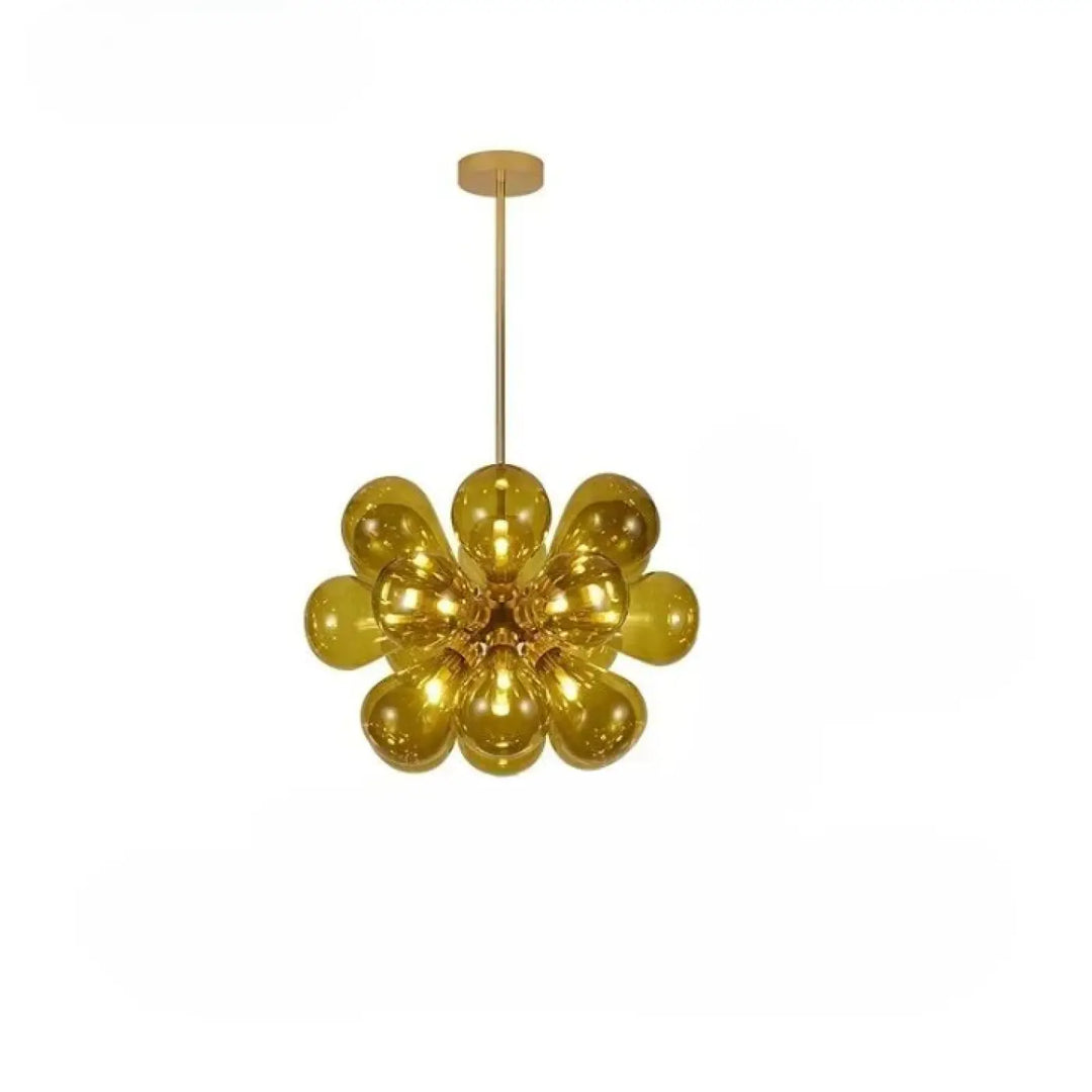 Suspension luminaire anthya en verre soufflé ambre doré avec tige et fixation plafond finition laiton effet floral