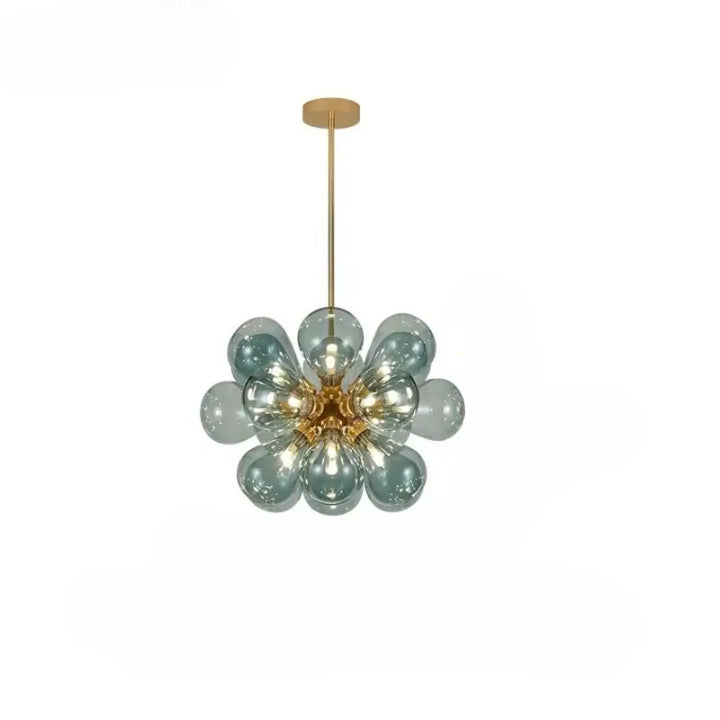 Suspension luminaire anthya avec cadre central doré et orbes en verre soufflé teal effet floral suspendue par tige en laiton