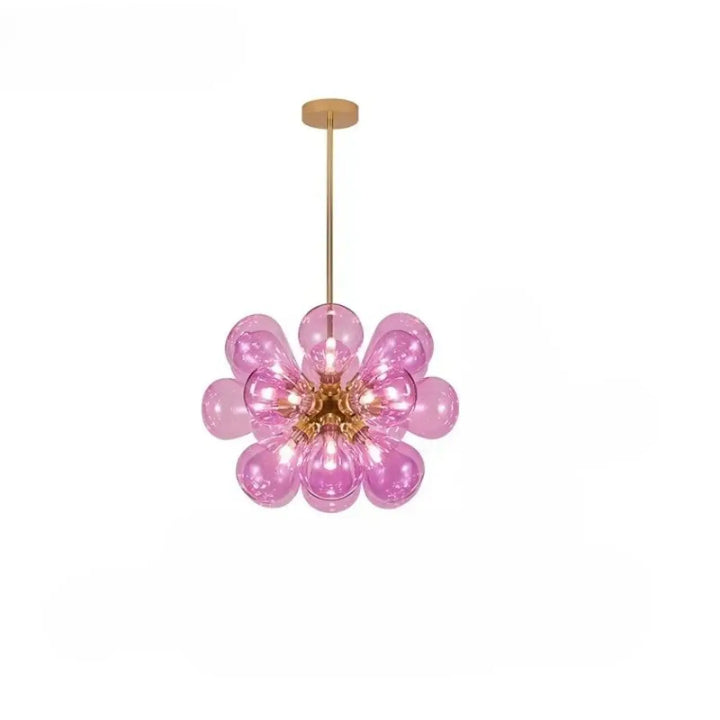 Suspension luminaire anthya en verre soufflé rose avec effet floral et accents métalliques dorés