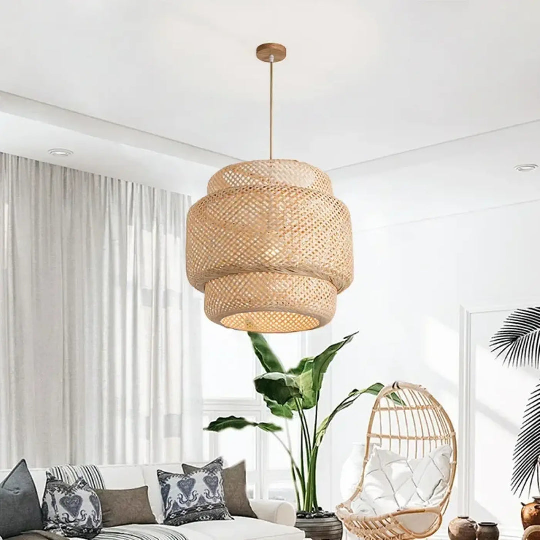 Suspension Luminaire En Bambou Et Rotin Marron Tambour