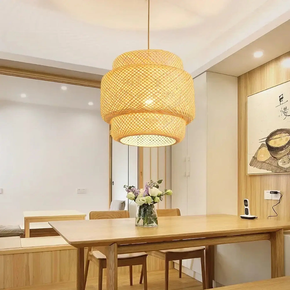Suspension Luminaire En Bambou Et Rotin Marron Tambour