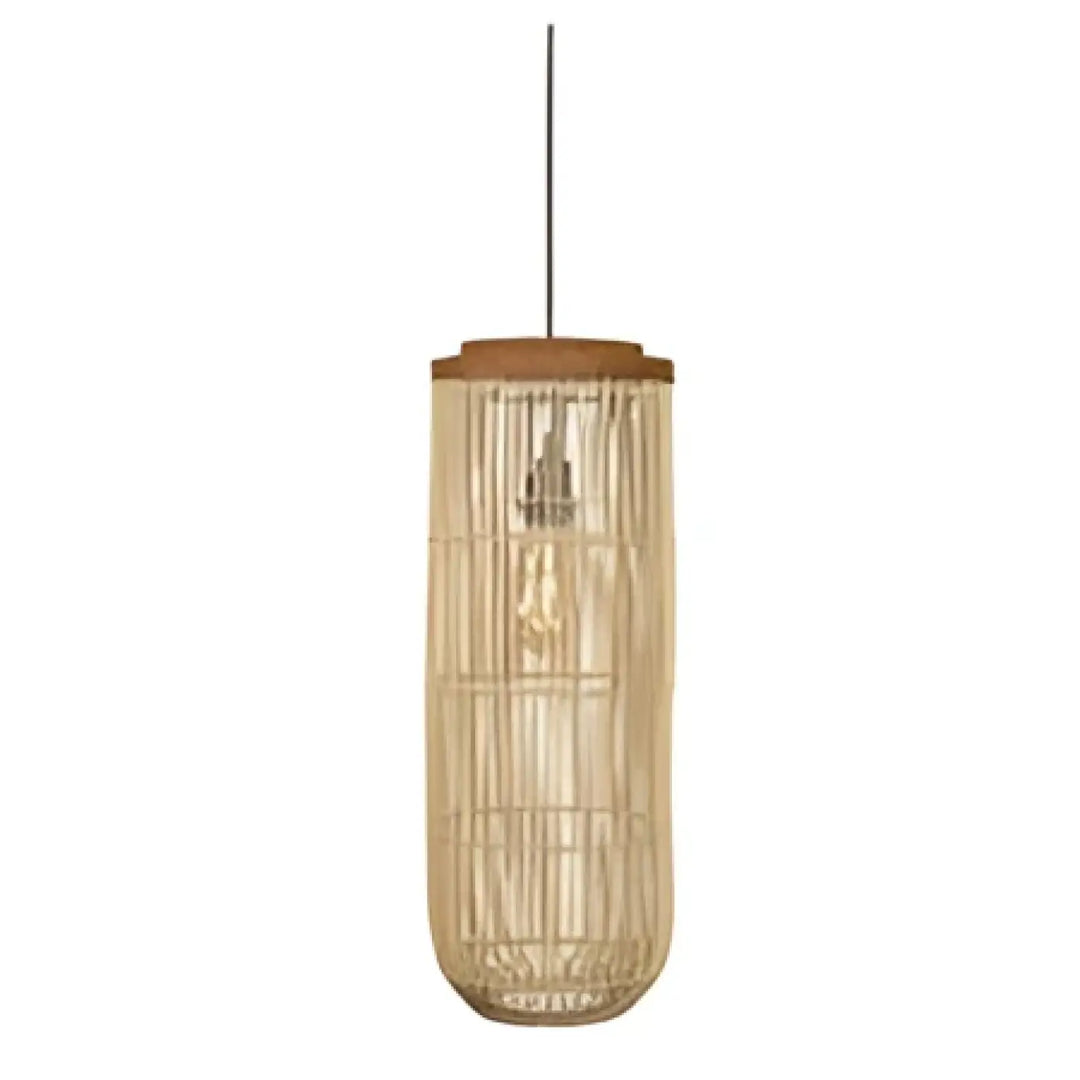 Suspension luminaire nyra cylindrique en bambou naturel avec abat-jour en bois chaud style bohème décoration intérieure