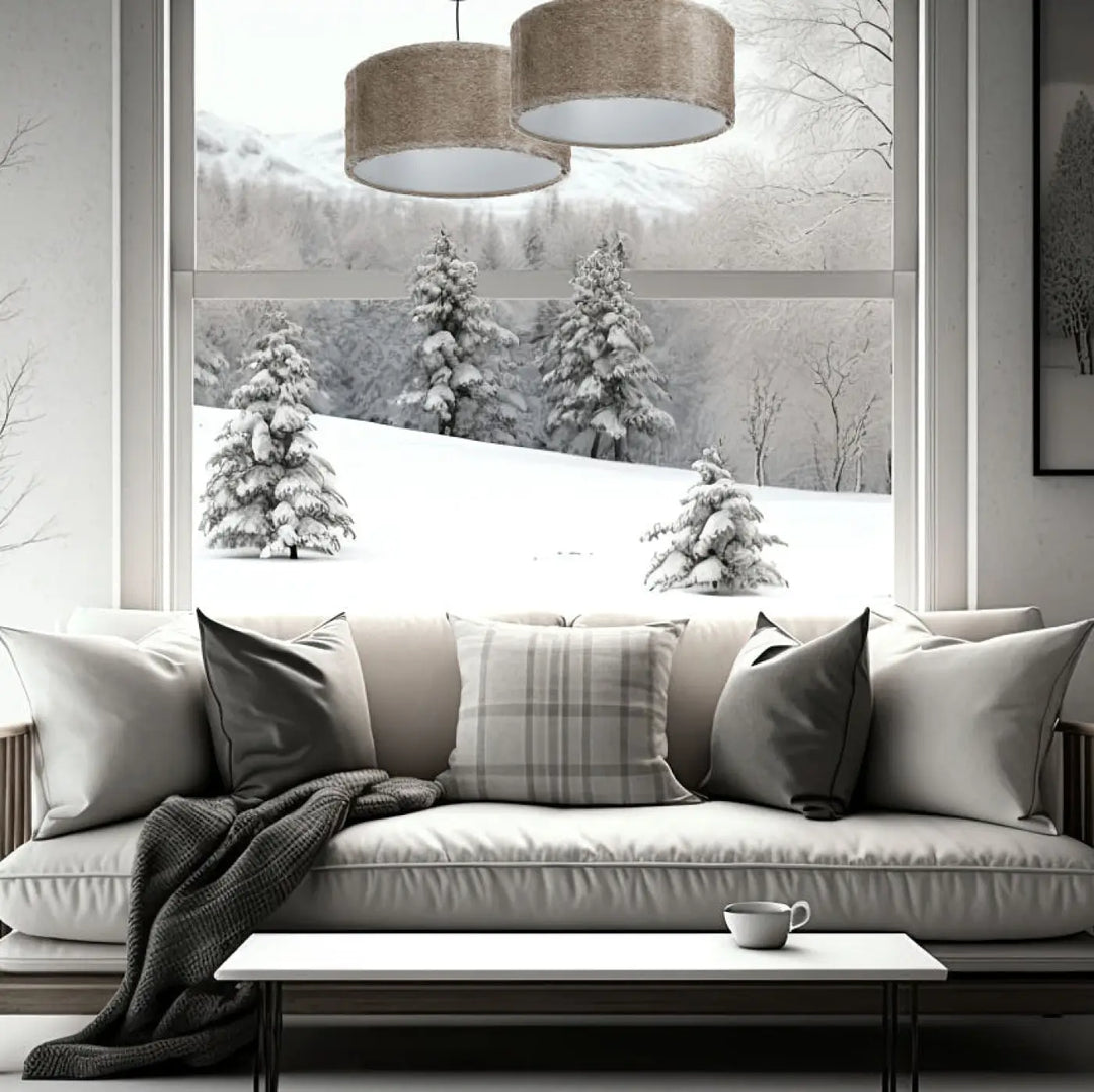 Beige upholstered sofa with gray and plaid throw pillows and dark knit blanket featuring suspension luminaire beige design