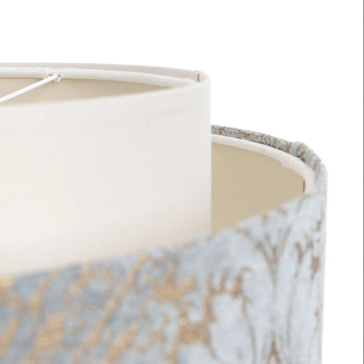 Suspension luminaire doblo avec abat-jour cylindrique beige bleu clair à motif abstrait or et doublure crème