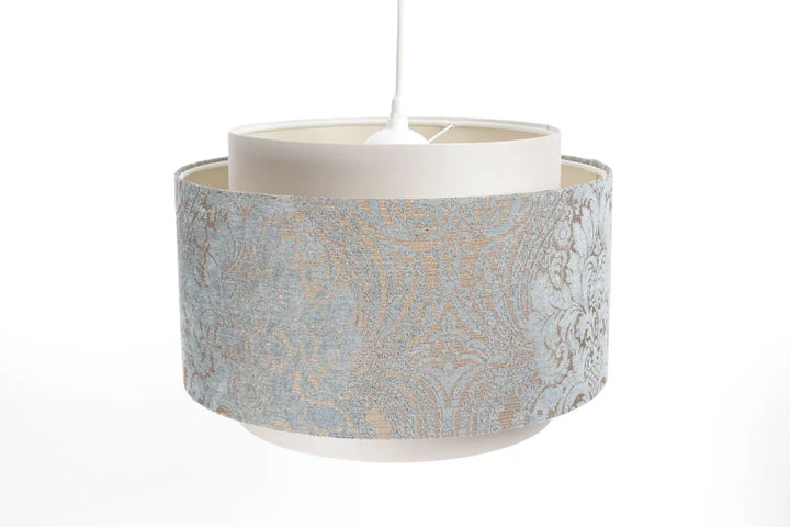 Cylindrical suspension luminaire doblo with beige bleu clair fabric and delicate gold damask pattern
