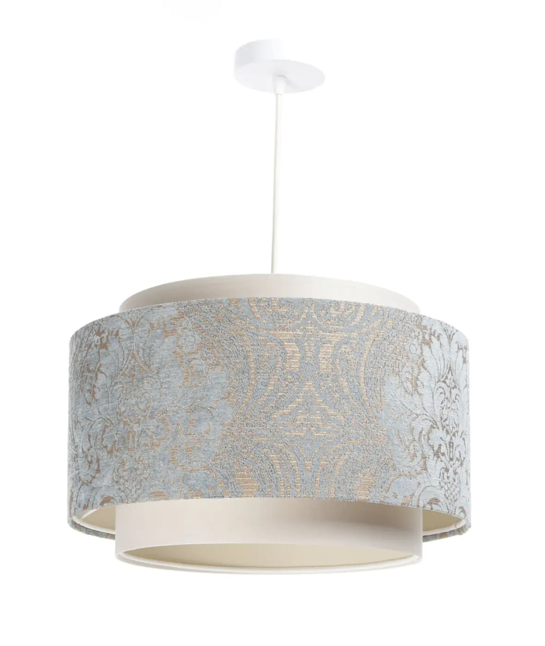 Suspension luminaire doblo élégant à deux niveaux avec abat-jour en tissu damassé gris bleu clair et anneaux crème