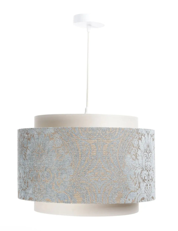 Suspension luminaire doblo cylindre en plastique blanc avec abat-jour crème bleu clair orné de motifs damassés dorés