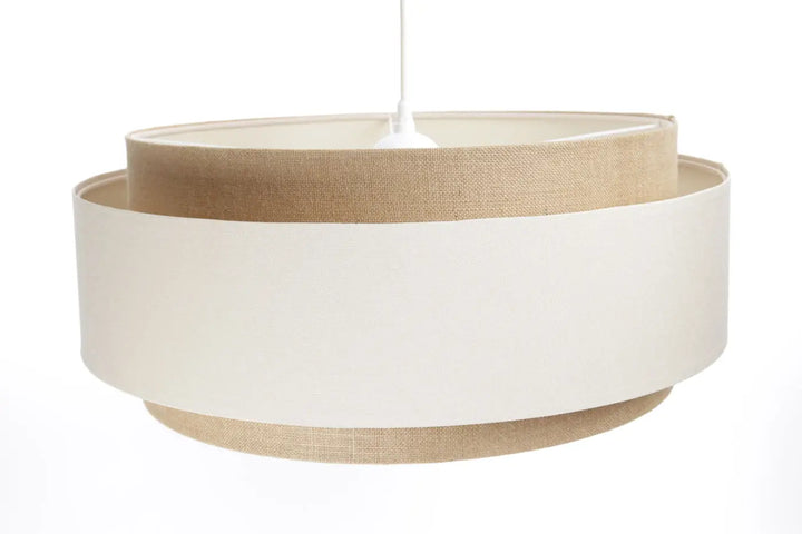 Suspension luminaire doblo boho 60 cm beige avec deux anneaux en burlap naturel et extérieur blanc mat bohème chic