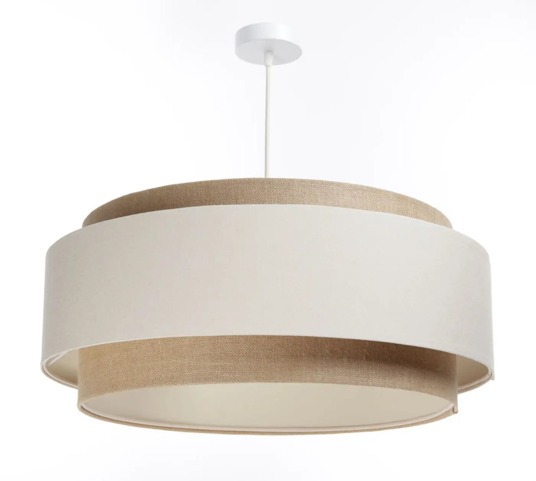Suspension luminaire bohème chic doblo boho 60 cm avec bande beige en lin et abat-jour central blanc cassé lisse