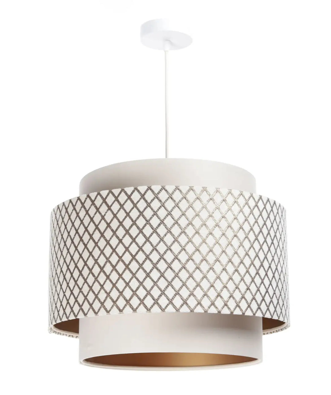 Suspension luminaire blanc crème doblo avec abat-jour en maille géométrique diamant et doublure intérieure dorée