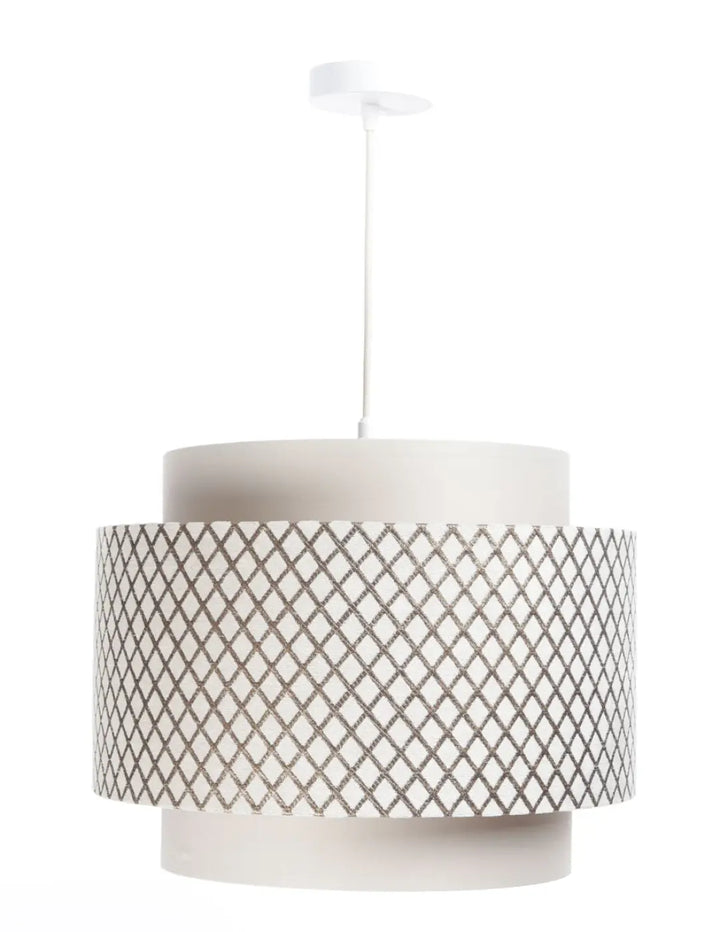 Suspension luminaire blanc crème doblo avec abat-jour cylindrique et motif mesh diamant subtile en doré