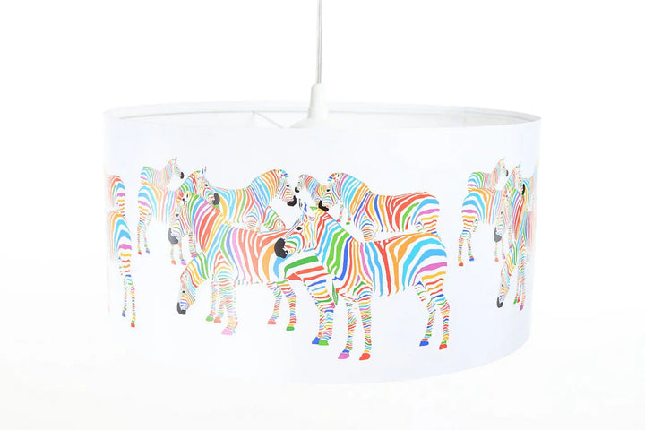 Suspension luminaire blanc cylindrique avec illustration colorée de zèbres multicolores pour chambre d’enfant