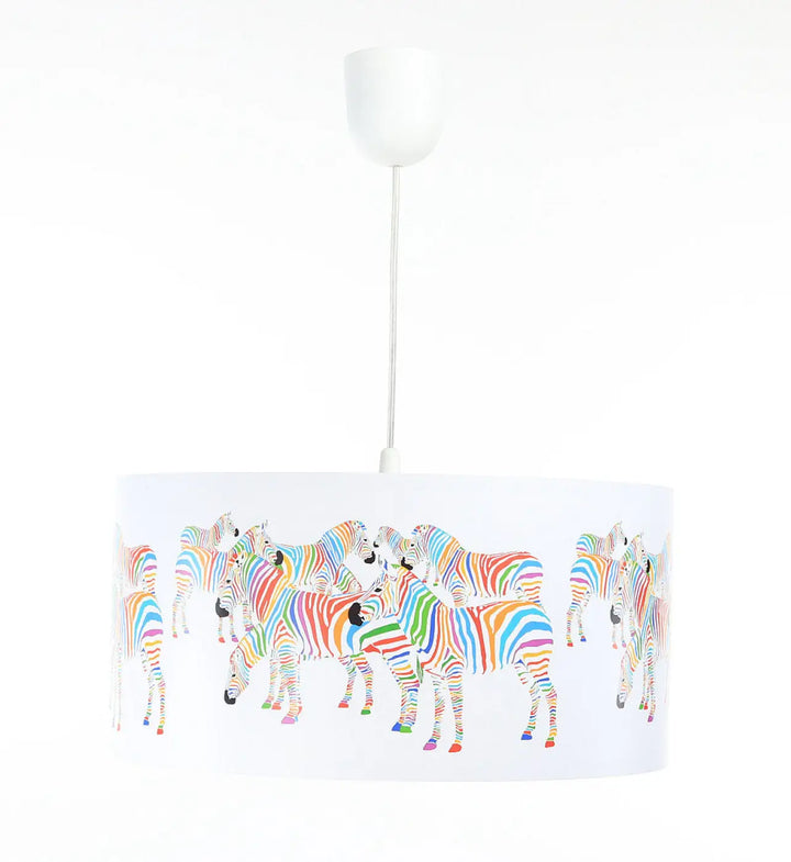 Suspension luminaire blanc avec abat-jour cylindrique zèbres multicolores aux rayures arc-en-ciel vif