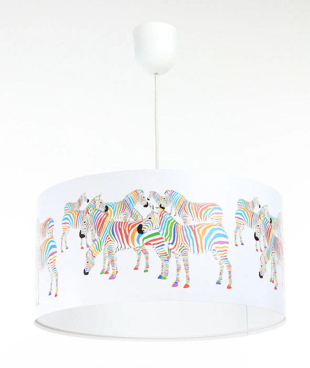 Suspension luminaire blanc cylindrique avec illustrations zèbres multicolores rayées arc-en-ciel pour chambre enfant