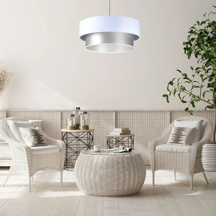 Suspension luminaire design moderne duo avec anneau supérieur blanc mat et anneau inférieur argent brossé
