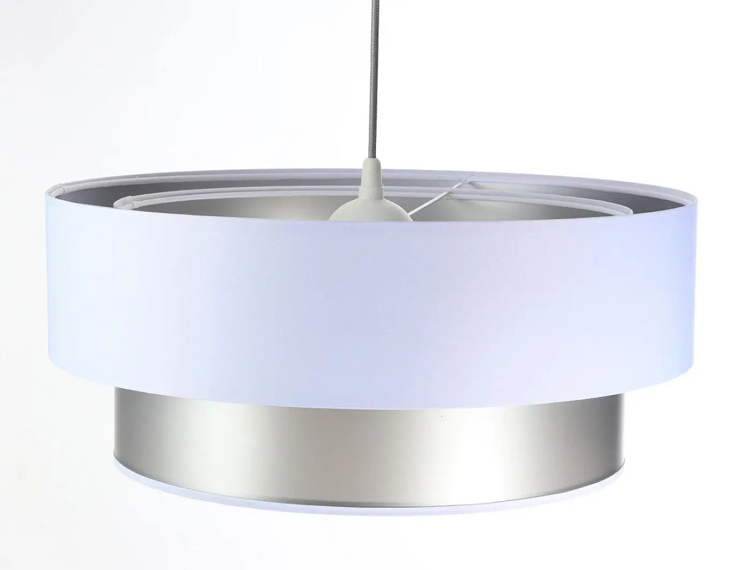 Suspension luminaire duo design moderne avec abat-jour blanc en tissu mat et base en acier inoxydable brossé