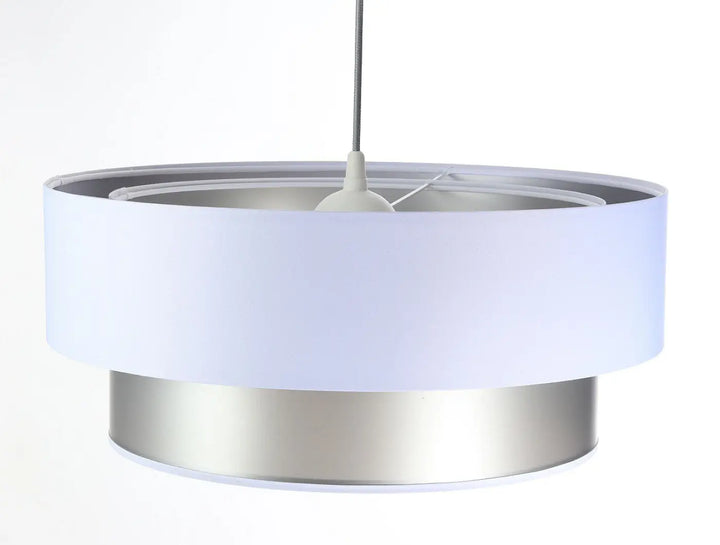 Suspension luminaire duo design moderne avec abat-jour blanc en tissu mat et base en acier inoxydable brossé