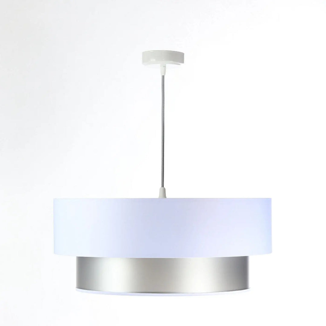 Suspension luminaire design moderne duo avec abat-jour blanc mat et base argent brossé suspendue par tige métallique