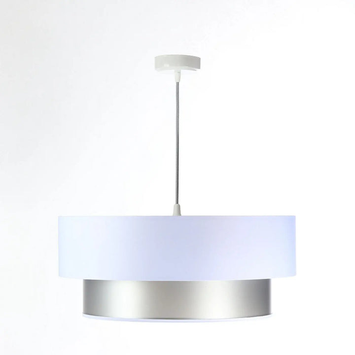 Suspension luminaire design moderne duo avec abat-jour blanc mat et base argent brossé suspendue par tige métallique