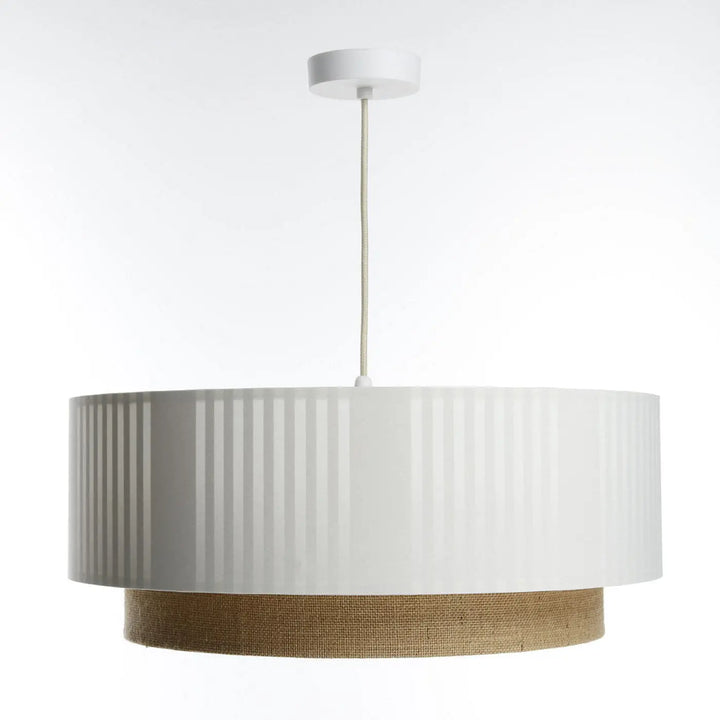 Suspension luminaire blanche duo lami line beige avec double abat-jour à nervures verticales et bande en tissu texturé