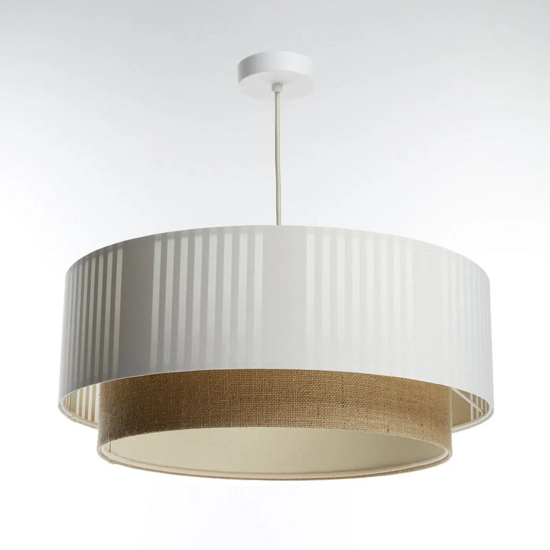 Suspension luminaire blanche duo lami line deux niveaux avec plis verticaux et bande en toile de jute beige