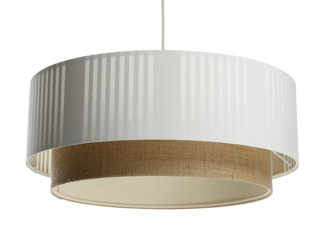 Suspension luminaire blanche duo lami line blanche beige ecru a deux niveaux avec plis verticaux et bande en toile de jute