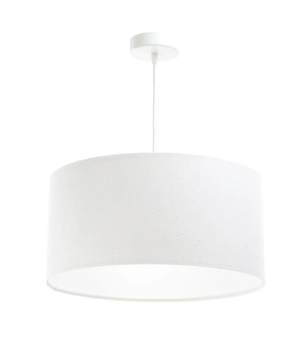 Suspension luminaire blanche classique jasmin avec abat-jour cylindrique en tissu blanc à texture ponctuée subtile
