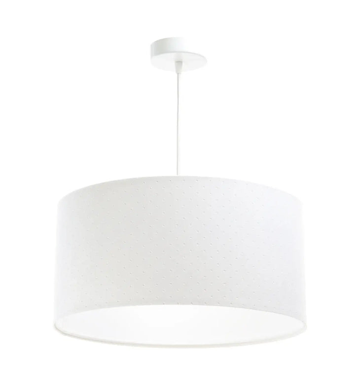 Suspension luminaire blanche classique jasmin avec abat-jour cylindrique en tissu blanc à texture ponctuée subtile
