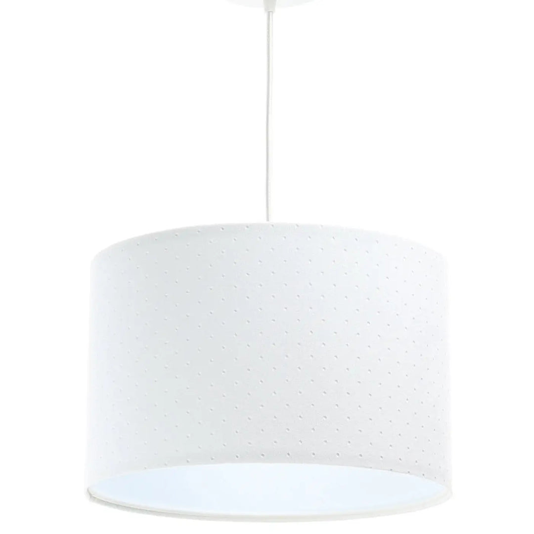 Suspension luminaire blanche cylindrique avec texture en points subtile et design minimaliste pour intérieur moderne
