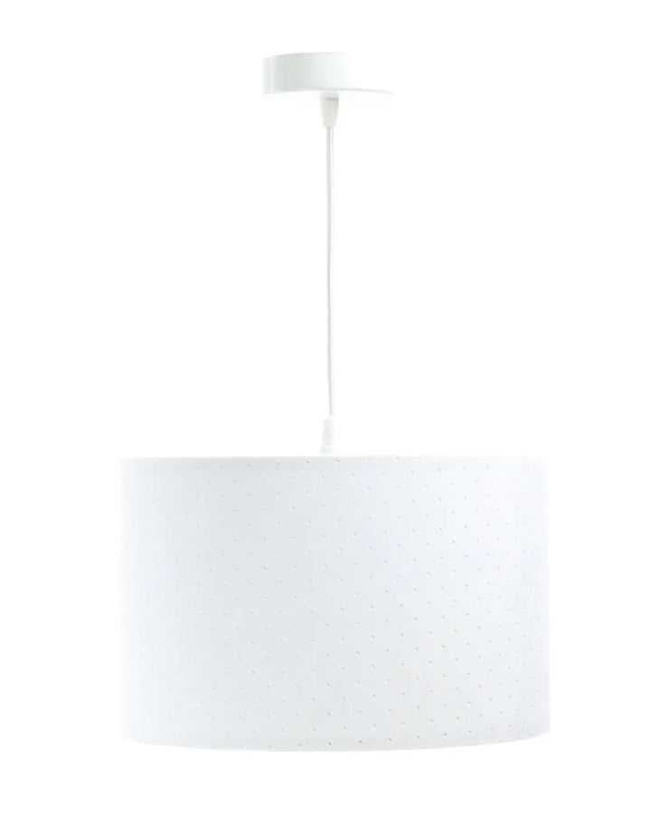 Suspension luminaire blanche cylindrique en blanc avec texture pointillée subtile et design minimaliste élégant