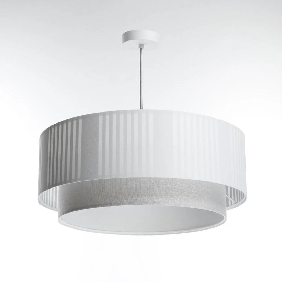 Suspension luminaire blanche duo lami line avec double étage, plis verticaux et accent en maille gris et blanc