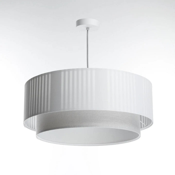 Suspension luminaire blanche duo lami line avec double étage, plis verticaux et accent en maille gris et blanc