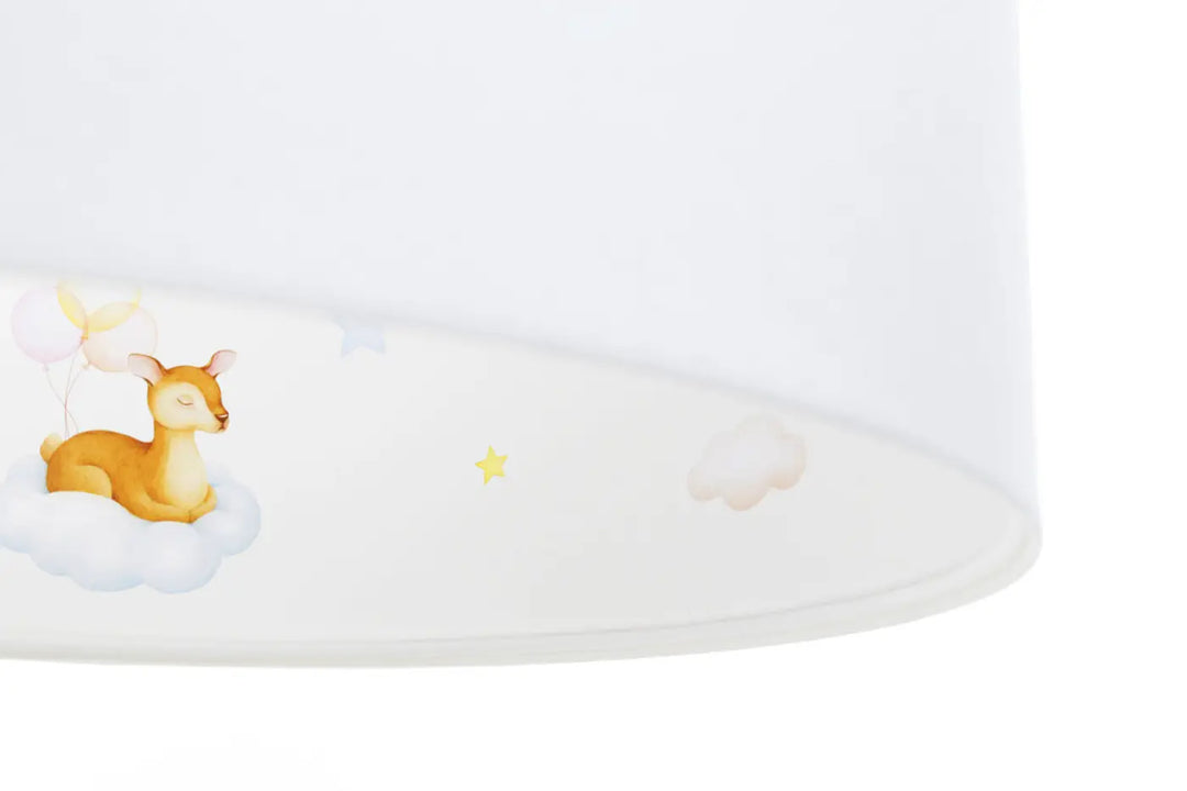 Suspension luminaire blanche sweet dreams classic avec abat-jour blanc illustré d’un cerf doré sur nuage pastel