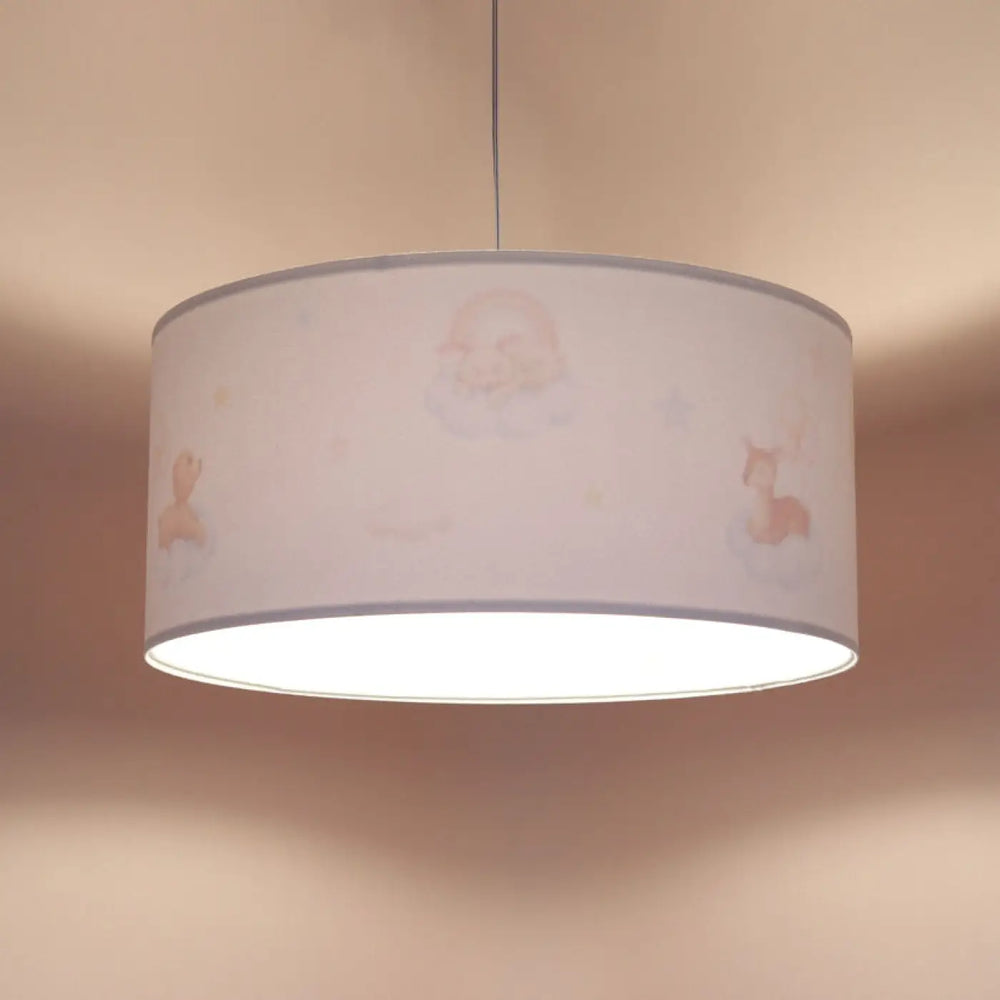 Suspension luminaire blanche sweet dreams classic avec abat-jour cylindrique blanc et illustrations roses délicates