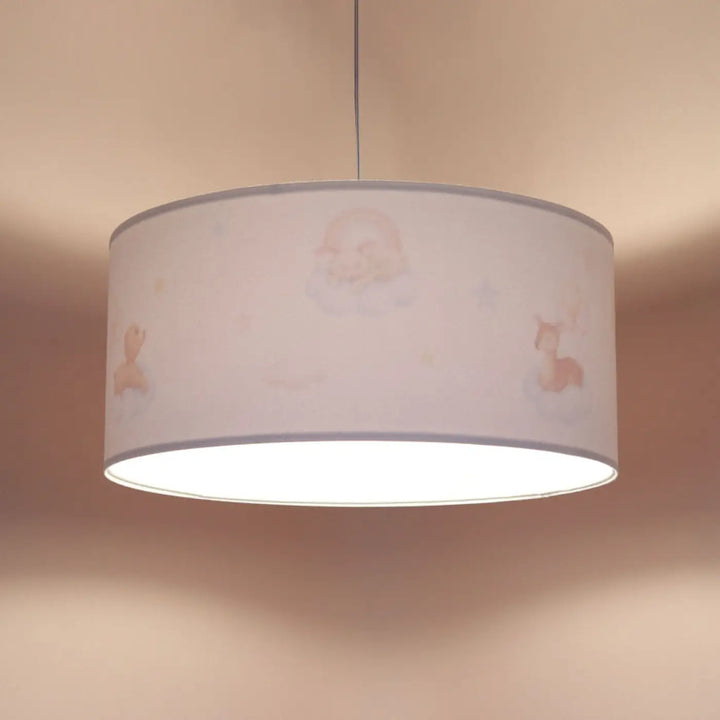 Suspension luminaire blanche sweet dreams classic avec abat-jour cylindrique blanc et illustrations roses délicates