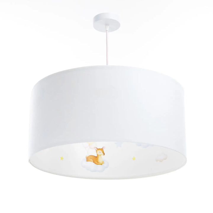 Suspension luminaire blanche cylindrique avec illustration douce de cerf à lintérieur en bleu pastel et blanc