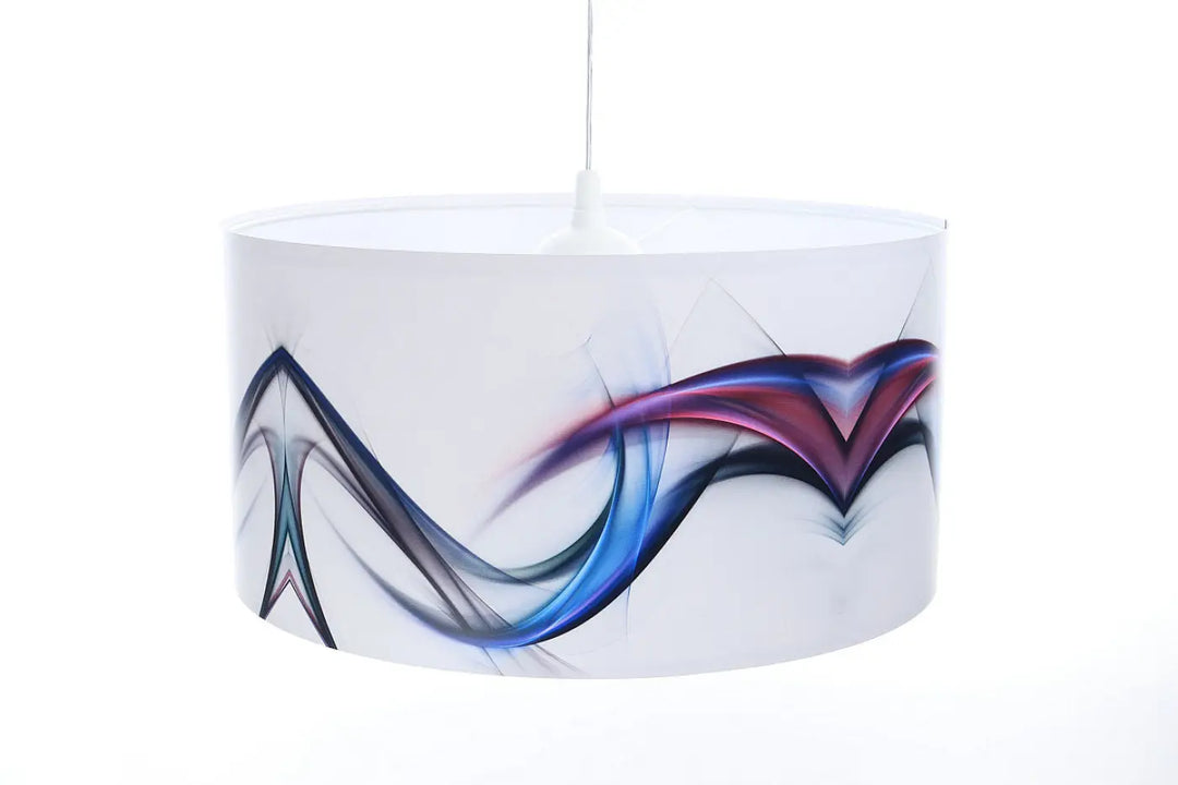 Suspension luminaire blanche cylindrique avec design abstrait multicolore aux motifs fractals bleus et violets