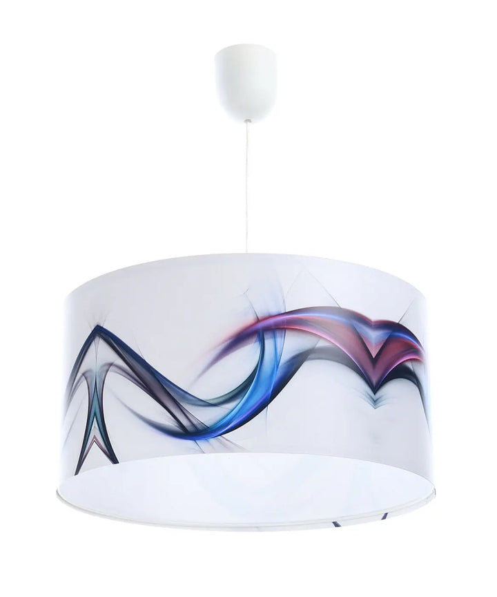 Suspension luminaire blanche cylindrique avec abat-jour en tissu multicolore aux motifs fractals bleus et violets