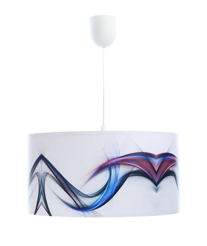 Suspension luminaire cylindrique moderne avec abat-jour en tissu blanc décor abstrait multicolore bleu violet noir
