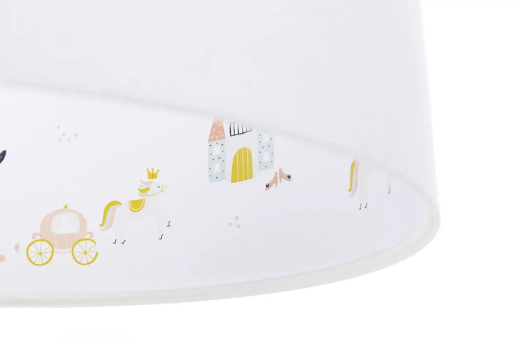 Suspension luminaire blanche avec abat-jour blanc orné d un motif pastel de château, carrosse, licorne et oiseaux