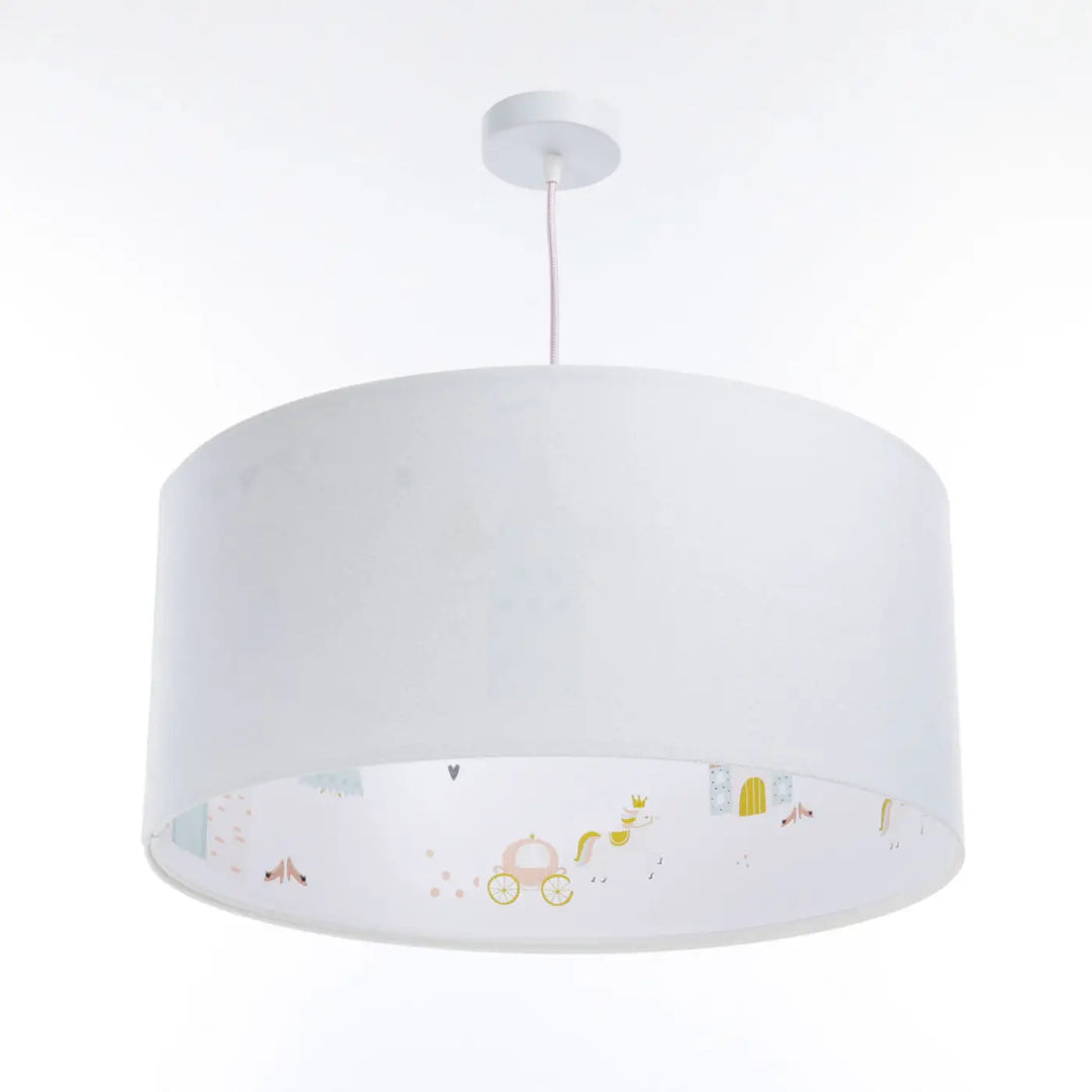 Suspension luminaire blanche cylindrique avec illustrations pastel de carrosse licorne et château pour chambre enfant