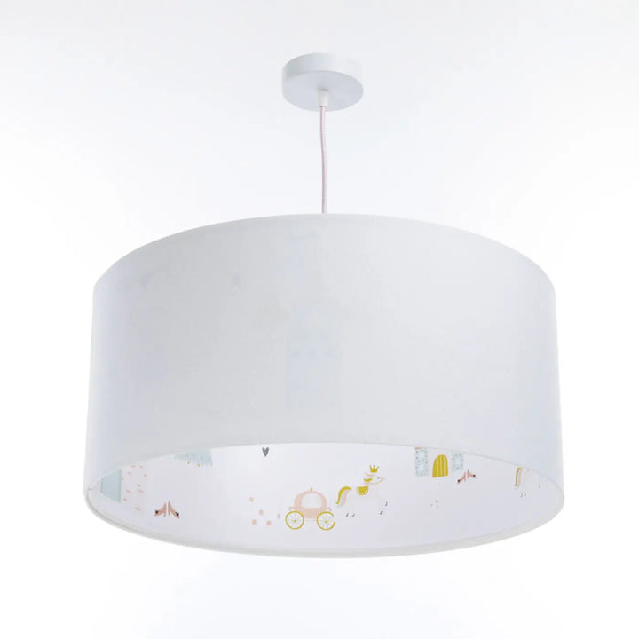 Suspension luminaire blanche cylindrique avec illustrations pastel de carrosse licorne et château pour chambre enfant