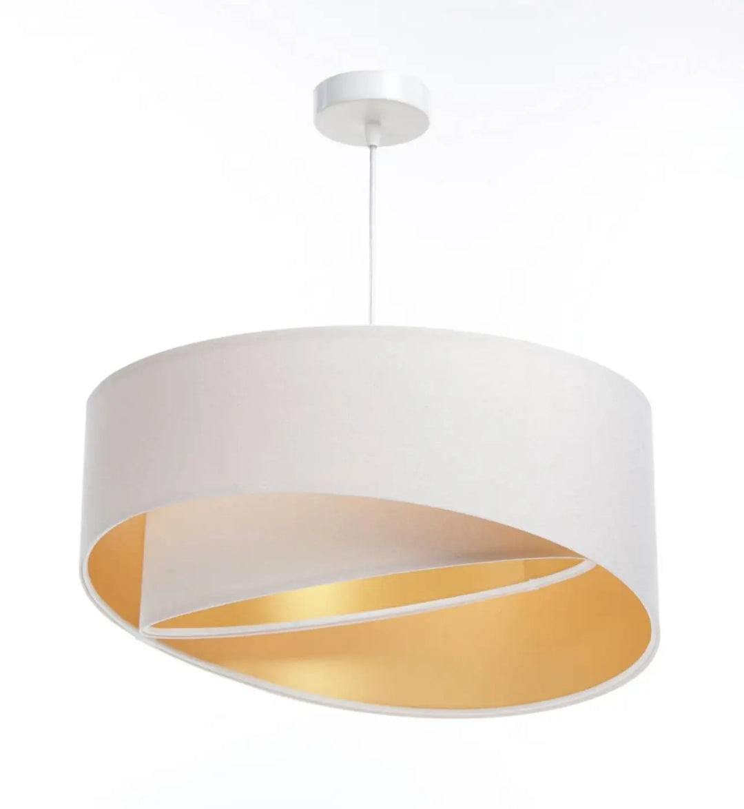 Suspension luminaire galaxie auric blanche avec abat-jour cylindrique blanc et intérieur doré suspendue par un cordon fin