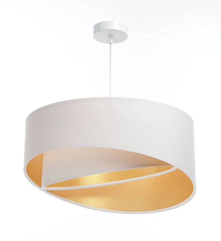 Suspension luminaire galaxie auric blanche avec abat-jour cylindrique blanc et intérieur doré suspendue par un cordon fin