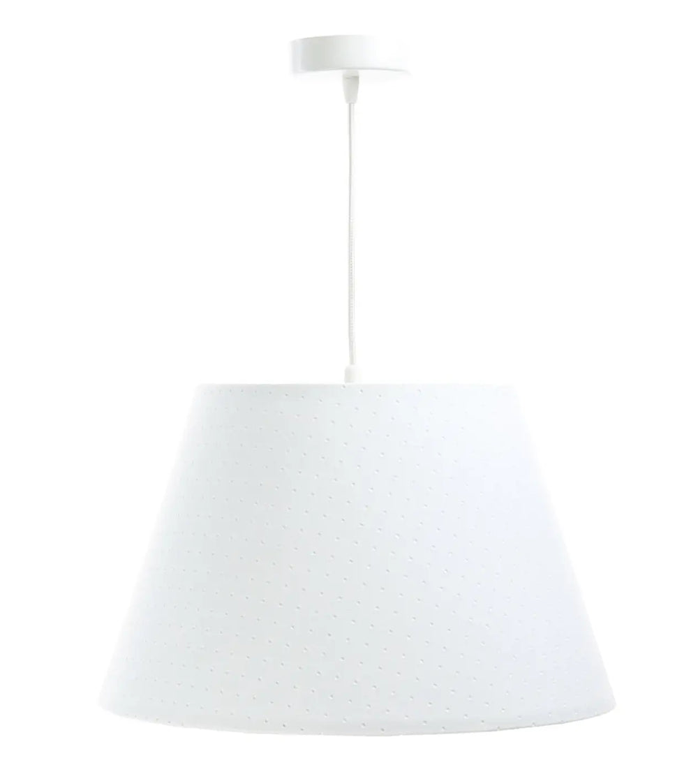 Suspension luminaire blanche bell jasmin avec abat-jour conique texturé en tissu perforé et fixation plafond blanche
