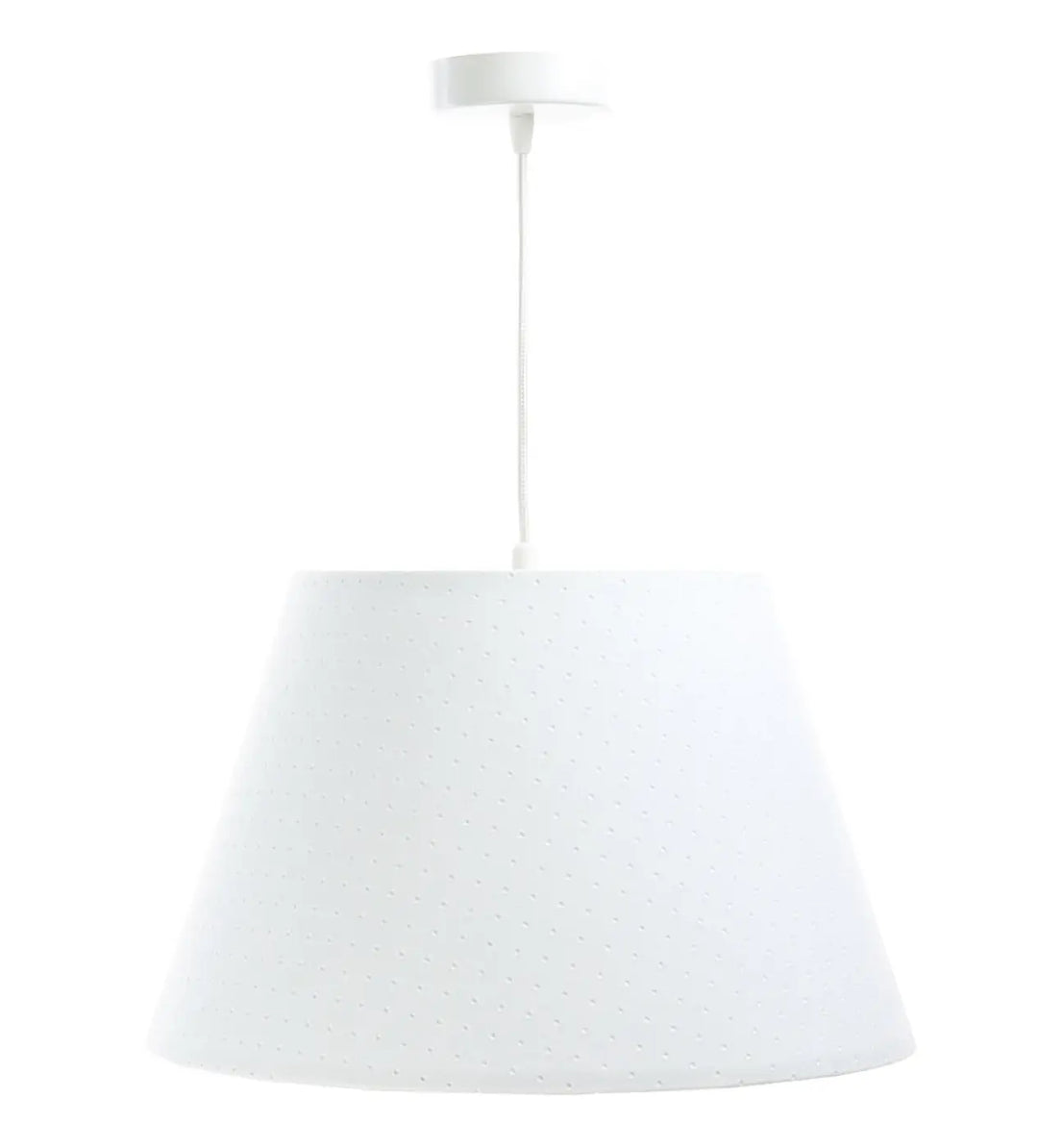 Suspension luminaire blanche bell jasmin avec abat-jour conique texturé en tissu perforé et fixation plafond blanche