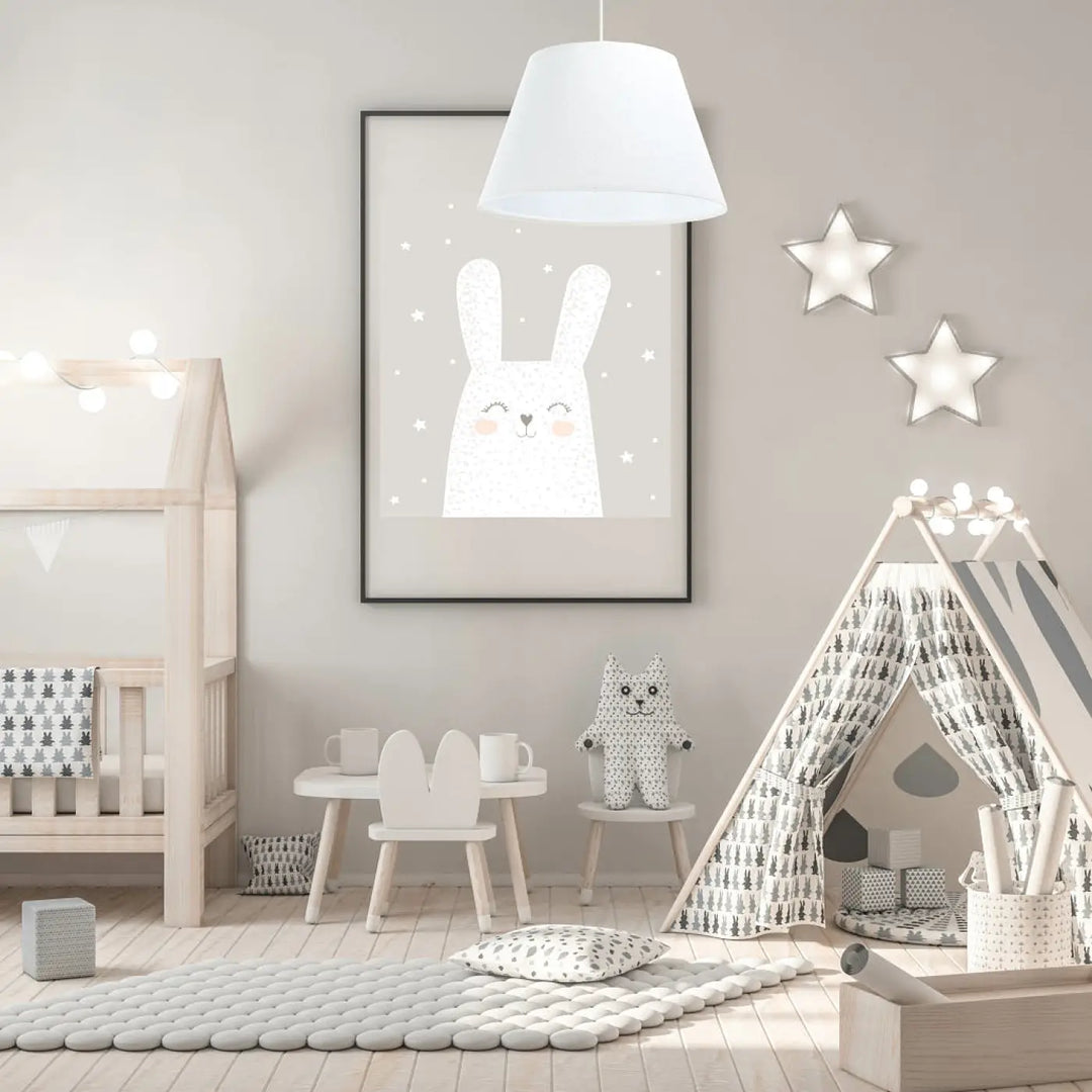 Minimalist suspension luminaire blanche bell jasmin featuring white bunny illustration with blush cheeks on gray background