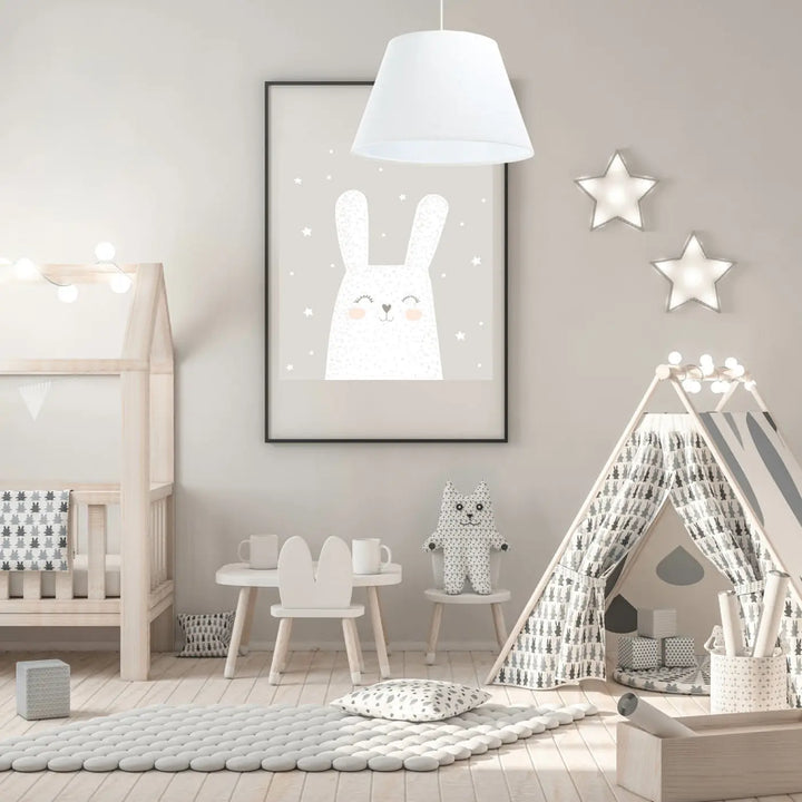 Minimalist suspension luminaire blanche bell jasmin featuring white bunny illustration with blush cheeks on gray background