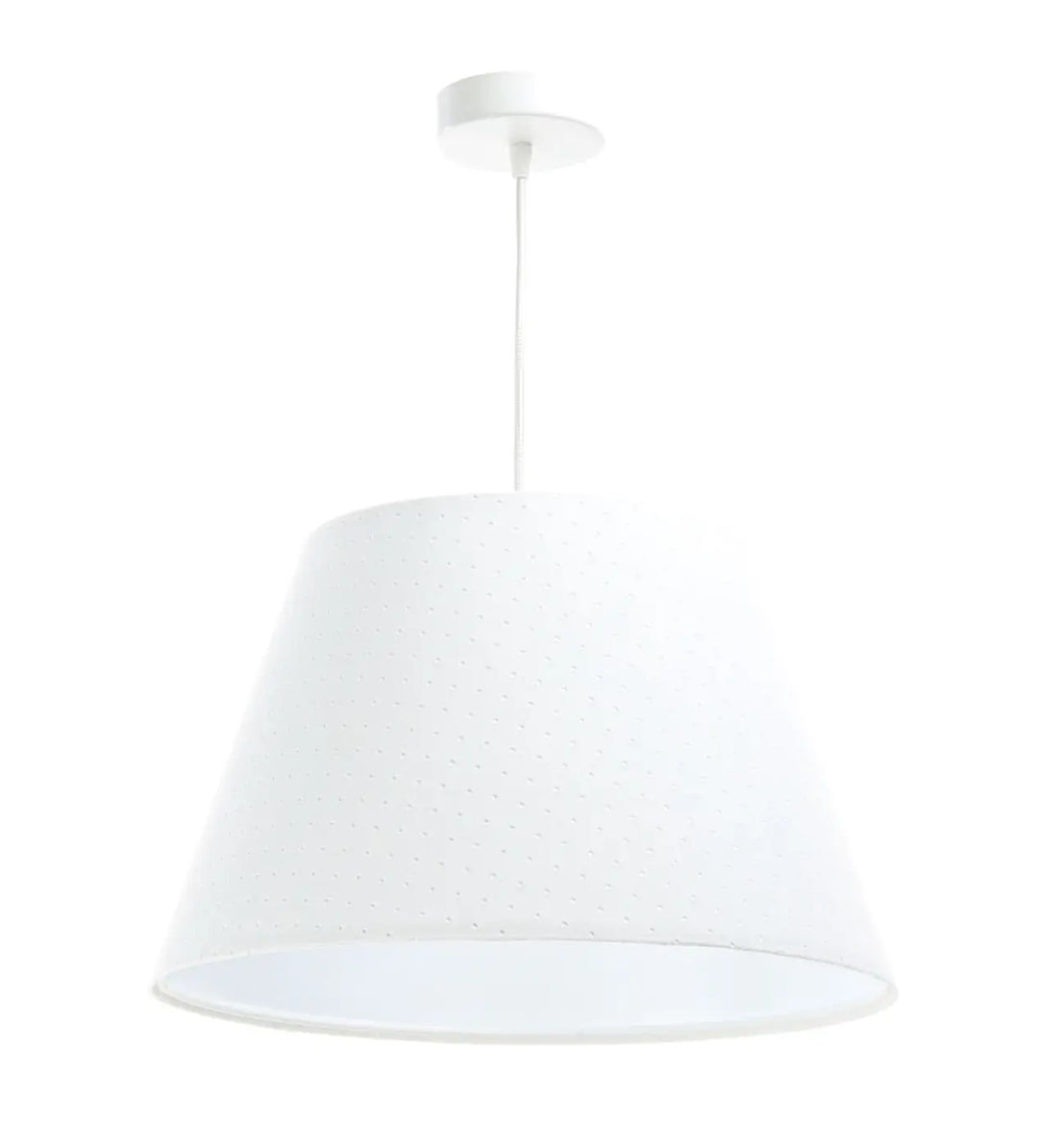 Suspension luminaire blanche bell jasmin avec abat-jour conique en tissu texturé et support de plafond blanc élégant