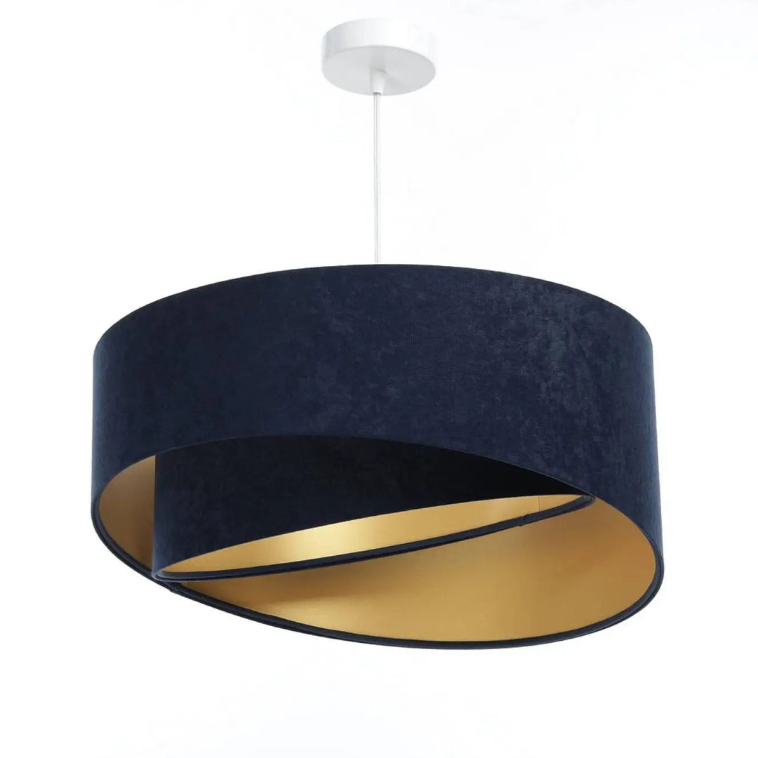 Suspension luminaire bleu marine en velours avec intérieur doré et fixation plafond blanc galactic auric